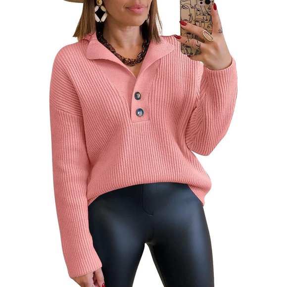 Women's Snap-Buttons Foldover Collar Henley Knitted Pullover Sweater Tops - Picture 4 of 5